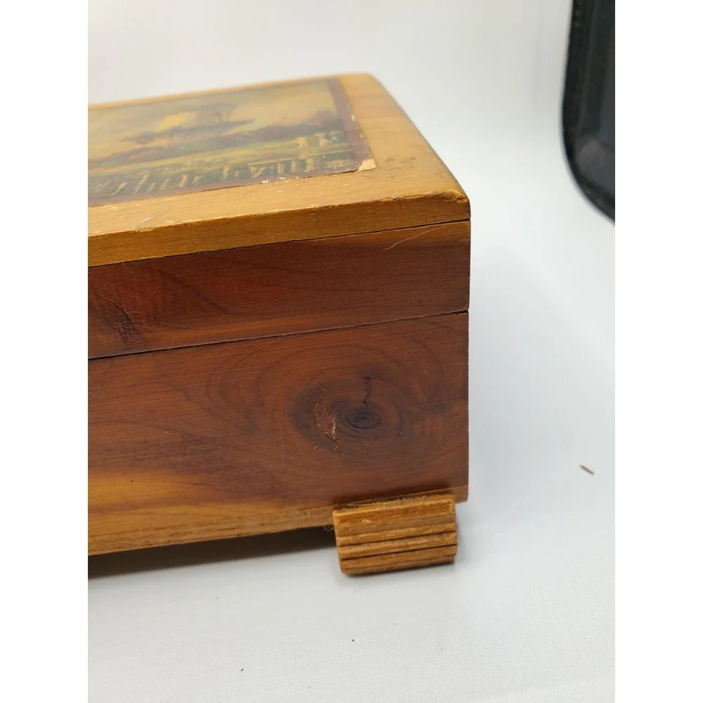 Vintage Wooden Jewelry Trinket Box Hinged Overlay 9 x 5 Inches Footed Holland